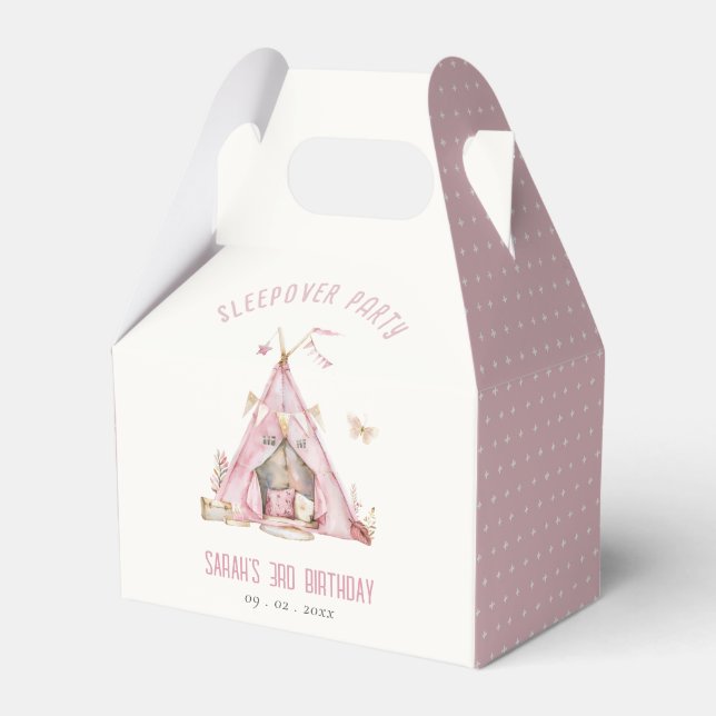 Pink Girls Tent Sleepover Slumber Birthday Party Favour Box (Front Side)