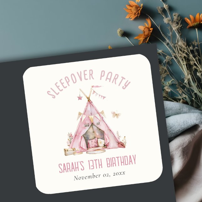 Pink Girls Tent Sleepover Slumber Birthday Party Square Sticker (Creator Uploaded)