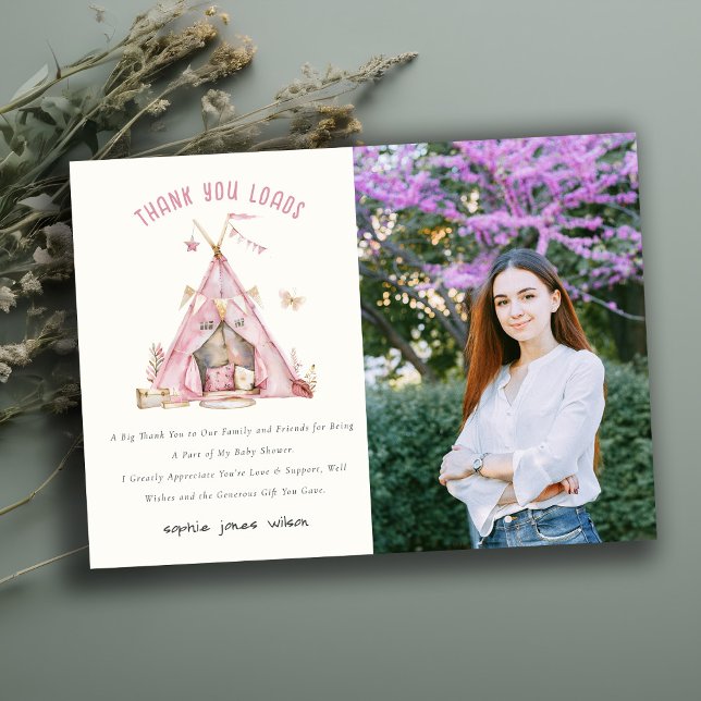 Pink Girls Tent Sleepover Slumber Photo Birthday Thank You Card (Creator Uploaded)