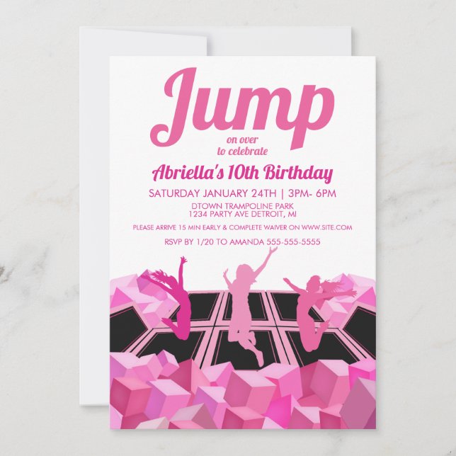 Pink Girls Trampoline Park Party Invitation (Front)