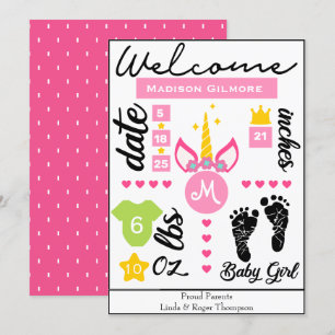 Pink Girls Unicorn Birth Stats Announcement