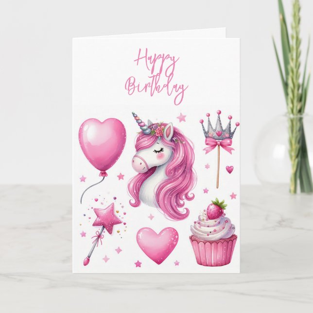 Pink Girl's Unicorn  Happy Birthday Greeting Card (Front)