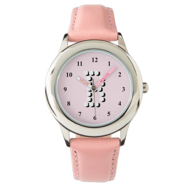 Pink girls watch | personalised letter B monogram (Front)