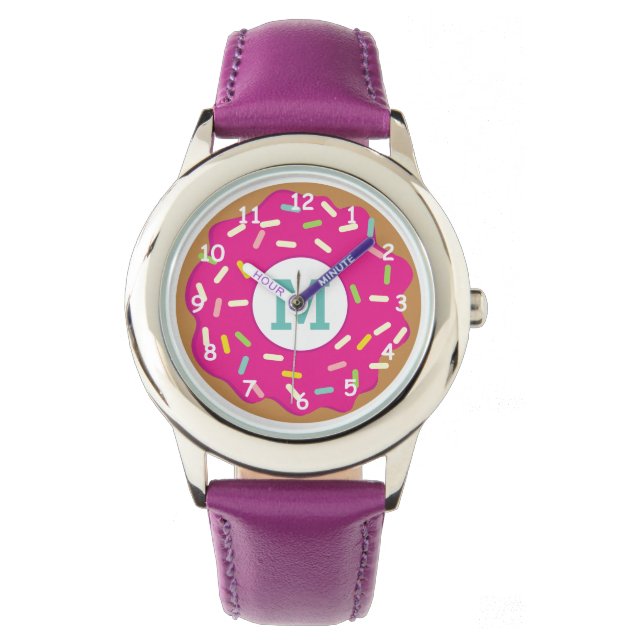 Pink girl's watch with cute pink sprinkled doughnu (Front)
