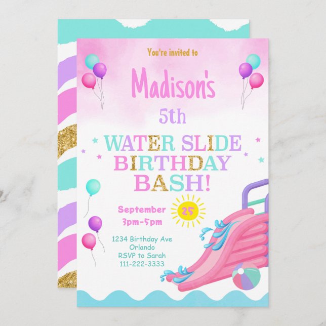 Pink Girls Waterslide Birthday Bash Invitation (Front/Back)
