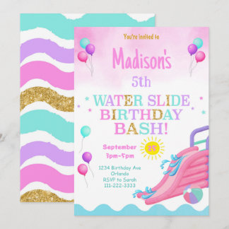 Pink Girls Waterslide Birthday Bash Invitation