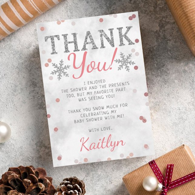 Pink Girl's Winter Christmas Baby Shower Thank You Card (Creator Uploaded)