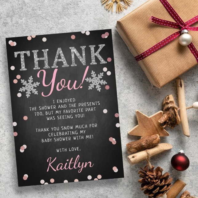Pink Girl's Winter Christmas Baby Shower Thank You Card (Creator Uploaded)
