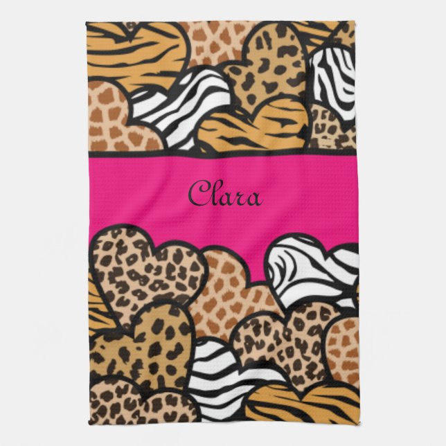 Pink Girly animal print hearts with a name Tea Towel (Vertical)