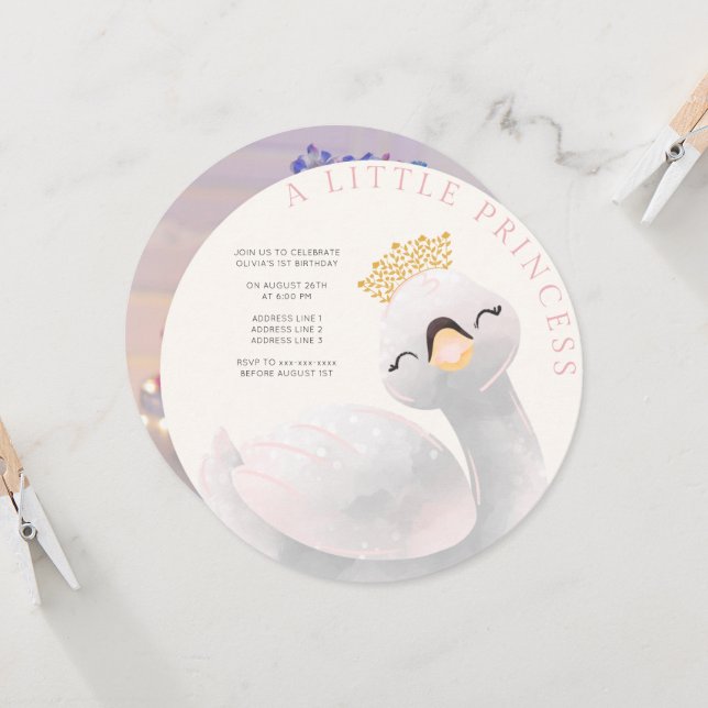 Pink girly any age swan girl photo birthday  invitation (Front/Back In Situ)