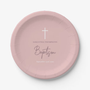 Pink Girly Baby Girl Calligraphy Baptism  Paper Plate