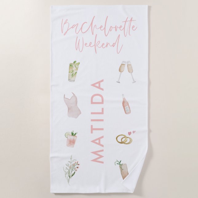 Pink girly champagne cocktail bachelorette weekend beach towel (Front)