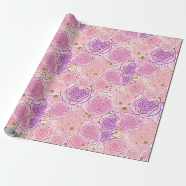 Pink Girly Chic Rose Glitter Floral Wrapping Paper (Unrolled)