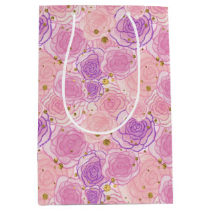 Pink Girly Chic Rose Glitter Floral Wrapping Paper Medium Gift Bag