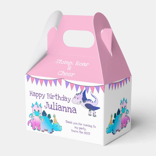 Pink Girly Cute Baby Dinosaur Kids Party Favour Box (Front Side)