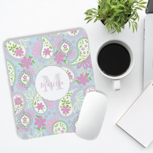 Pink Girly Cute Chic Preppy Paisley Monogram  Clip Mouse Mat