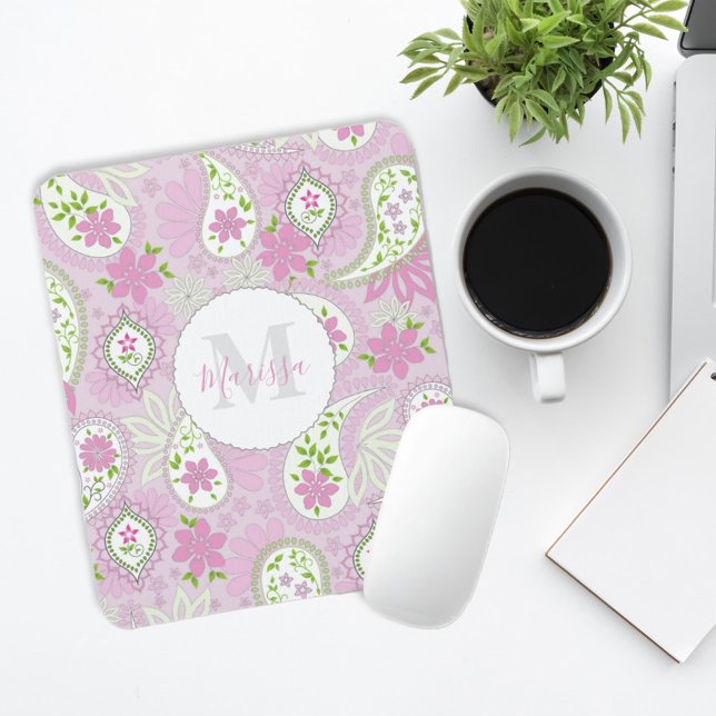 Pink Girly Cute Chic Preppy Paisley Monogram Mouse Mat (Creator Uploaded)