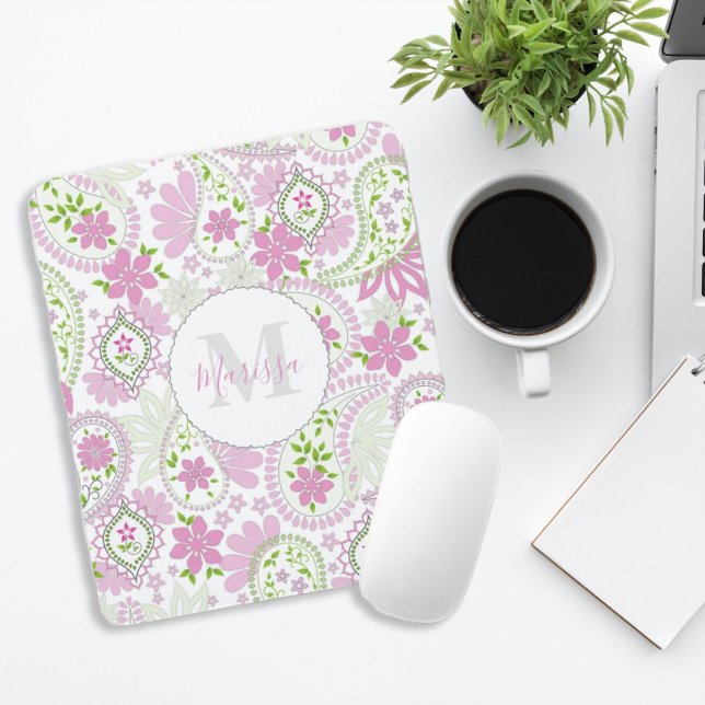 Pink Girly Cute Chic Preppy Paisley Monogram  Mouse Mat (Creator Uploaded)