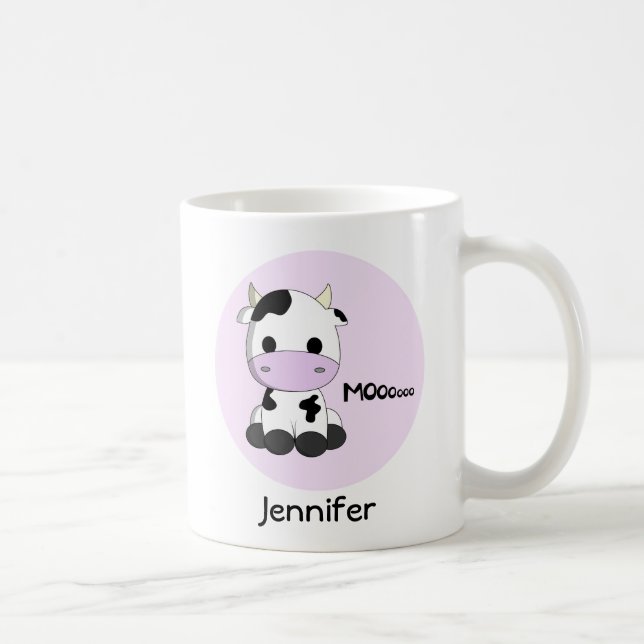 Pink girly cute cow cartoon personalised kids mug (Right)