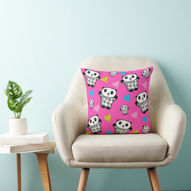 Pink Girly Cute Kawaii Panda Bear Love Hearts Cushion (Chair)