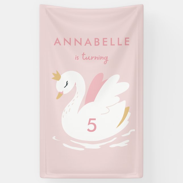 Pink girly cute swan elegant birthday party banner (Vertical)