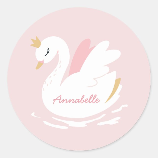 Pink girly cute swan elegant birthday personalised classic round sticker (Front)