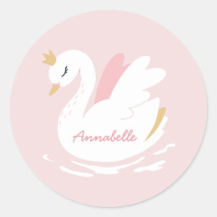 Pink girly cute swan elegant birthday personalised classic round sticker