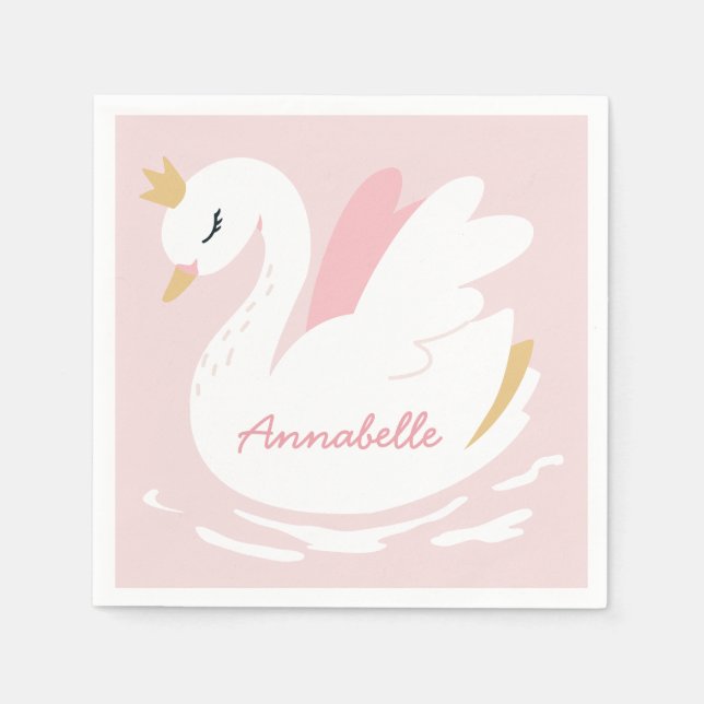 Pink girly cute swan elegant birthday personalised napkin (Front)