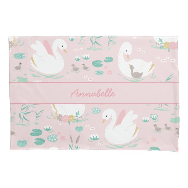 Pink girly cute swan floral elegant beautiful  pillowcase (Front)