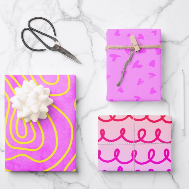 Pink girly doodle pattern wrapping paper sheet (Front)