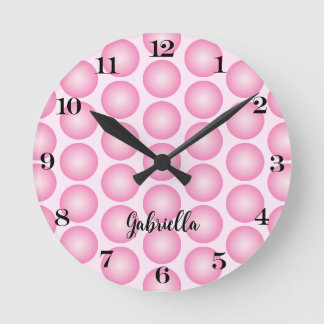 Pink Girly Dots Black Script Name Wall Clock