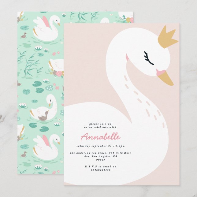 Pink girly elegant cute beautiful swan children's  invitation (Front/Back)