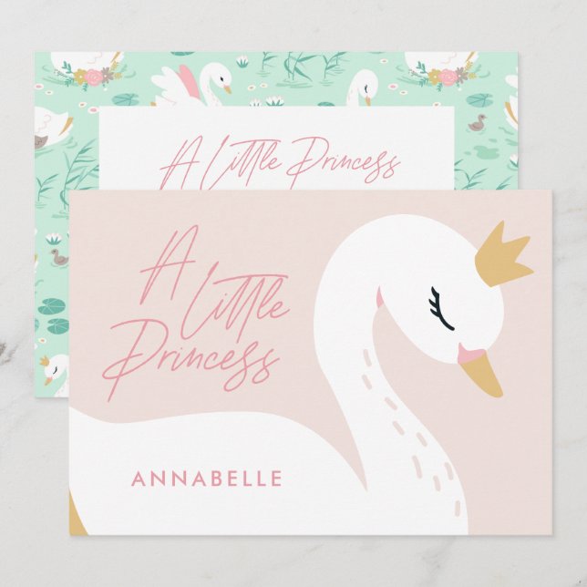 Pink girly elegant cute beautiful swan children's  invitation (Front/Back)
