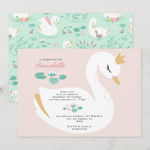 Pink girly elegant cute beautiful swan children's invitation
