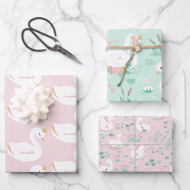 Pink girly elegant cute beautiful swan children's  wrapping paper sheet (Front)