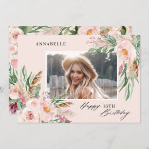 Pink girly elegant modern floral photo birthday invitation
