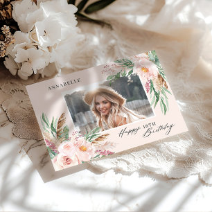Pink girly elegant modern floral photo birthday invitation