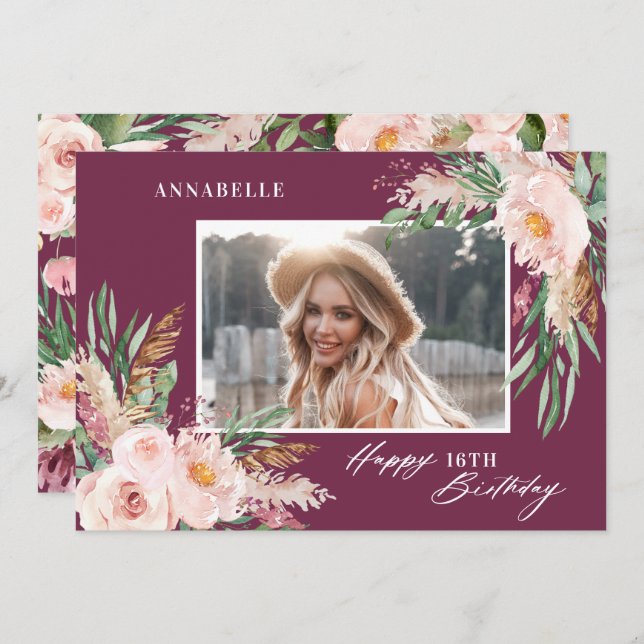 Pink girly elegant modern floral photo birthday invitation (Front/Back)