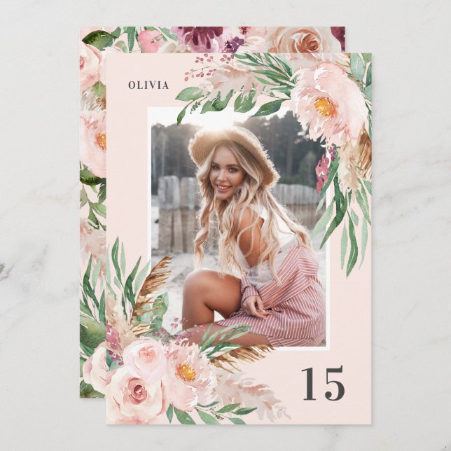 Pink girly elegant modern floral photo birthday invitation (Front/Back)