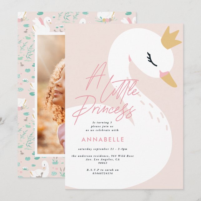 Pink girly elegant photo beautiful swan children invitation (Front/Back)