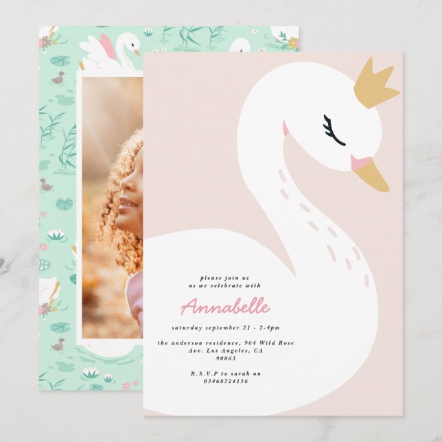 Pink girly elegant photo beautiful swan children invitation (Front/Back)