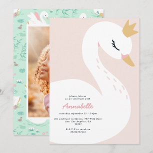 Pink girly elegant photo beautiful swan children invitation