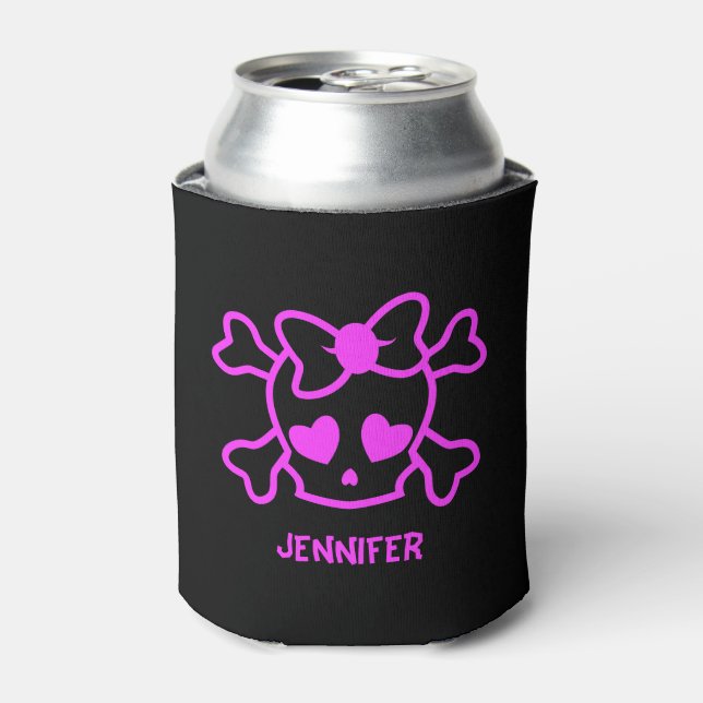 Pink girly emo skull with bow can cooler (Can Front)