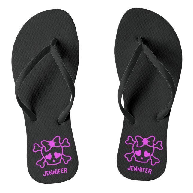 Pink girly emo skull with bow name teen girl flip flops (Footbed)