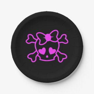 Pink girly emo skull with bow teenage girl black paper plate