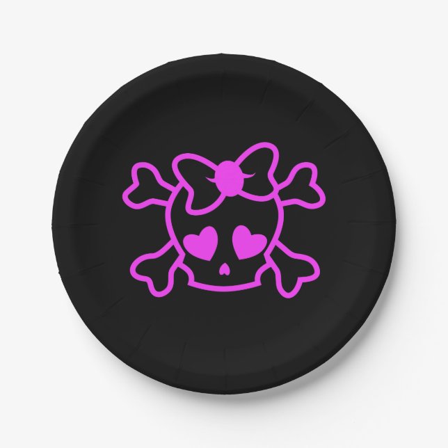 Pink girly emo skull with bow teenage girl black paper plate (Front)