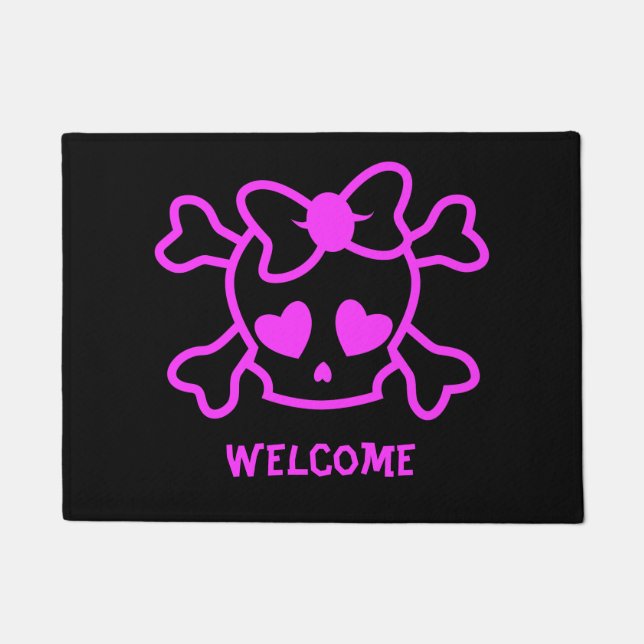 Pink girly emo skull with bow welcome doormat (Front)