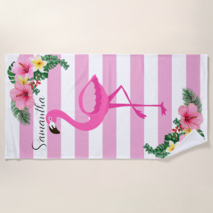 Pink girly flamingo Tropical summer  Beach Towel