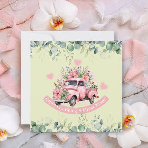 Pink Girly Floral Apple Truck Mother's Day Flat Holiday Card