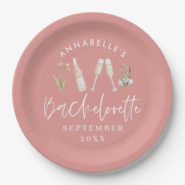 Pink girly floral champagne bachelorette stylish c paper plate (Front)